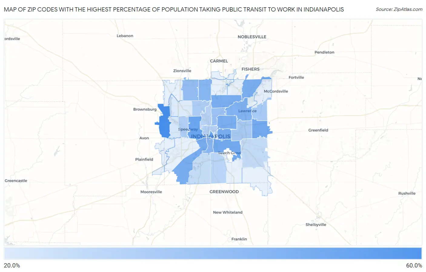 Zip Codes with the Highest Percentage of Population Taking Public Transit to Work in Indianapolis Map