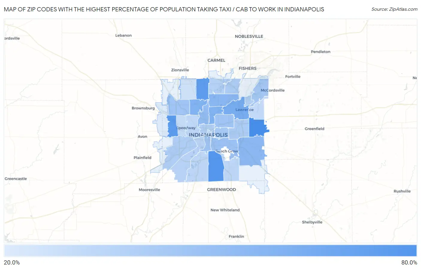 Zip Codes with the Highest Percentage of Population Taking Taxi / Cab to Work in Indianapolis Map