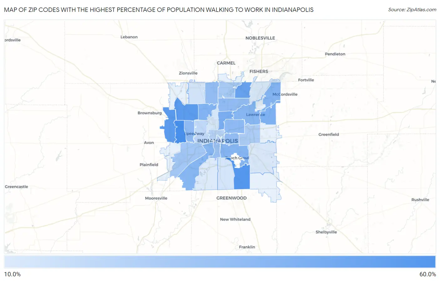 Zip Codes with the Highest Percentage of Population Walking to Work in Indianapolis Map