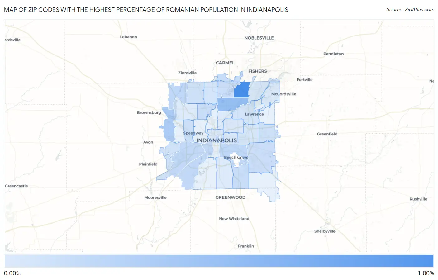 Zip Codes with the Highest Percentage of Romanian Population in Indianapolis Map