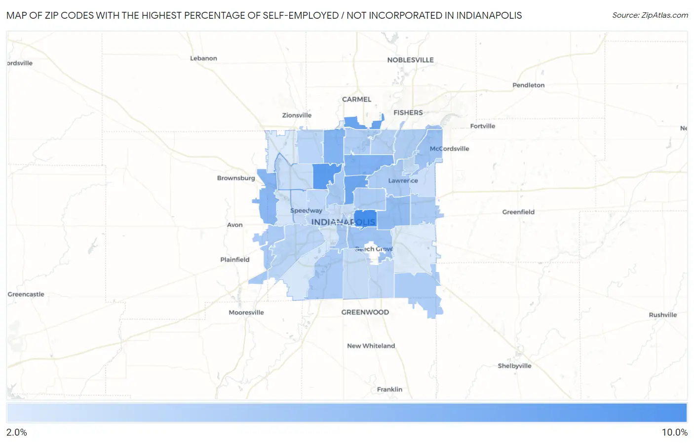 Zip Codes with the Highest Percentage of Self-Employed / Not Incorporated in Indianapolis Map