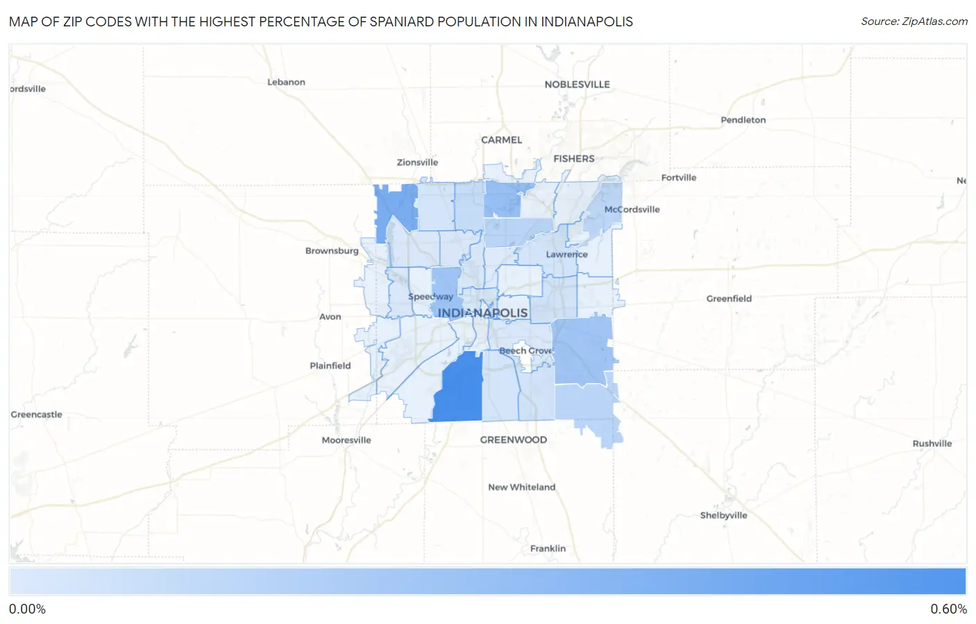 Zip Codes with the Highest Percentage of Spaniard Population in Indianapolis Map
