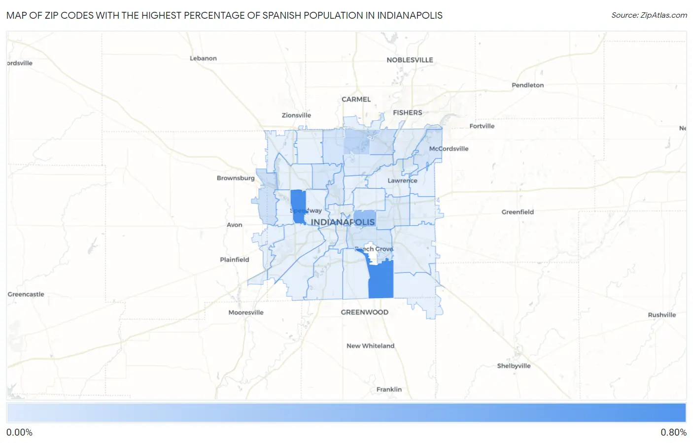 Zip Codes with the Highest Percentage of Spanish Population in Indianapolis Map