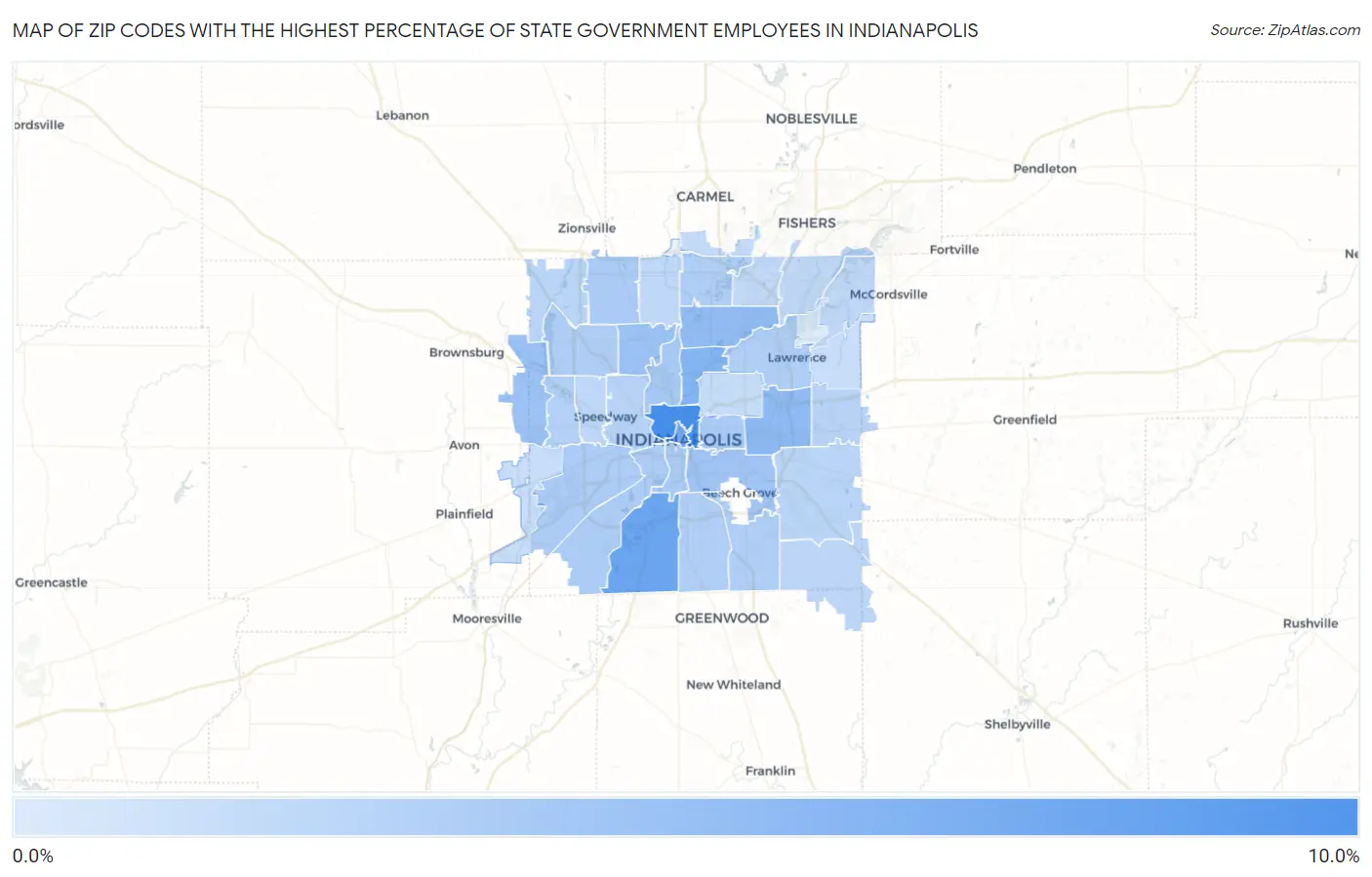 Zip Codes with the Highest Percentage of State Government Employees in Indianapolis Map