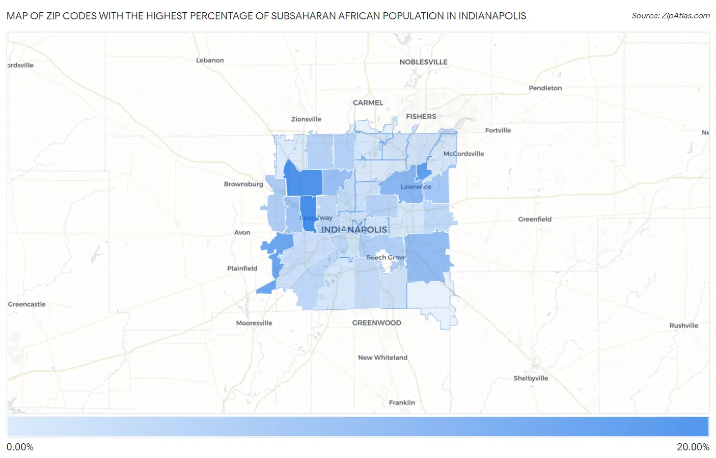Zip Codes with the Highest Percentage of Subsaharan African Population in Indianapolis Map