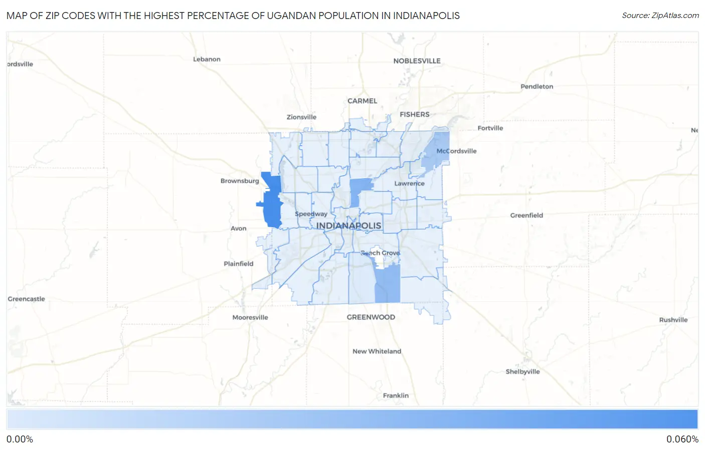 Zip Codes with the Highest Percentage of Ugandan Population in Indianapolis Map