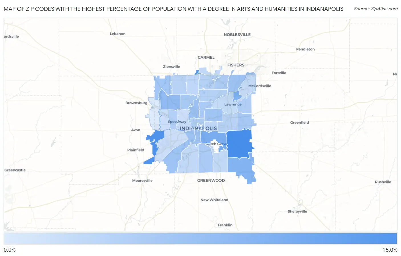 Zip Codes with the Highest Percentage of Population with a Degree in Arts and Humanities in Indianapolis Map
