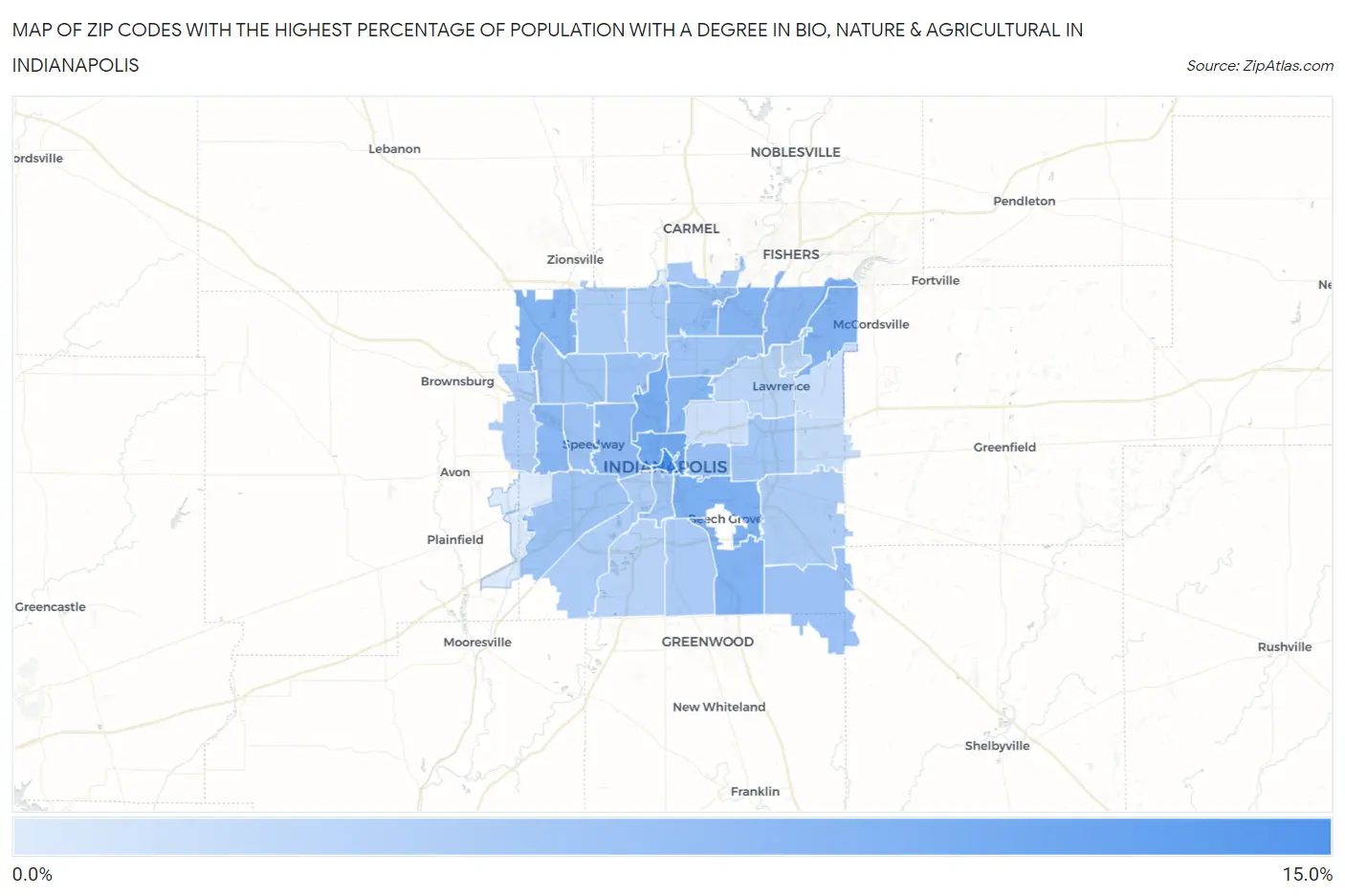 Zip Codes with the Highest Percentage of Population with a Degree in Bio, Nature & Agricultural in Indianapolis Map