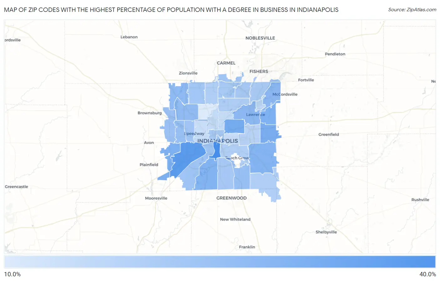 Zip Codes with the Highest Percentage of Population with a Degree in Business in Indianapolis Map