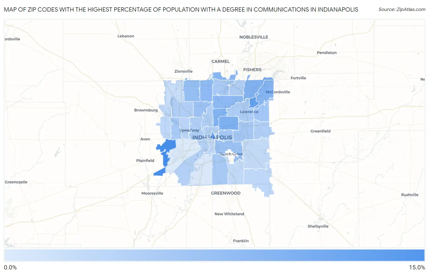 Zip Codes with the Highest Percentage of Population with a Degree in Communications in Indianapolis Map