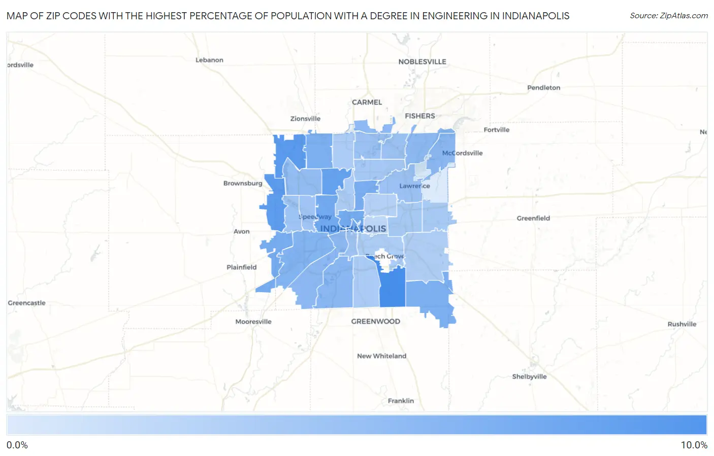 Zip Codes with the Highest Percentage of Population with a Degree in Engineering in Indianapolis Map