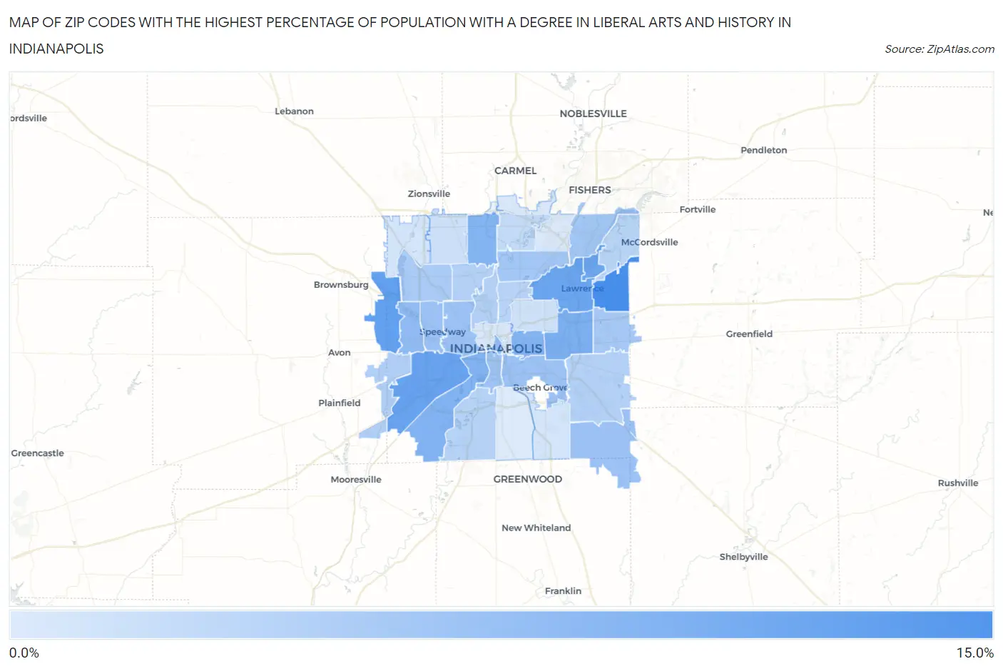 Zip Codes with the Highest Percentage of Population with a Degree in Liberal Arts and History in Indianapolis Map