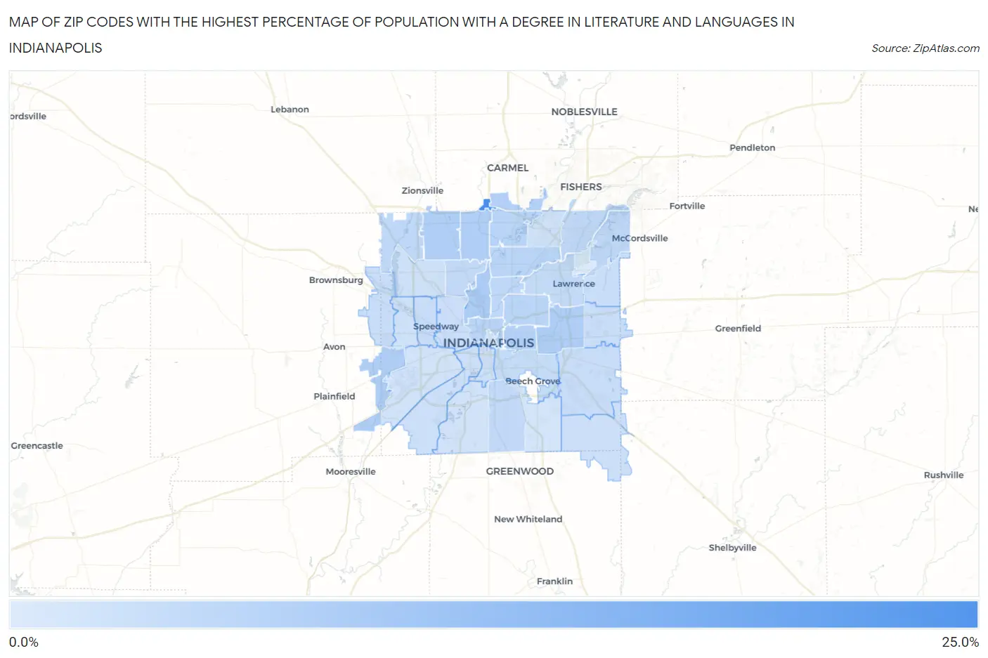 Zip Codes with the Highest Percentage of Population with a Degree in Literature and Languages in Indianapolis Map
