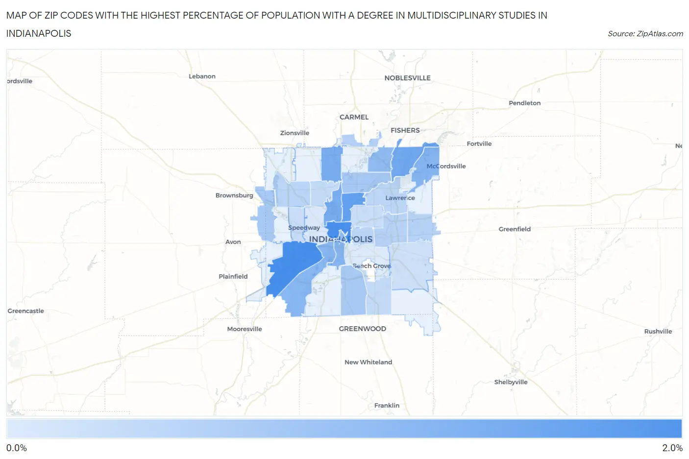 Zip Codes with the Highest Percentage of Population with a Degree in Multidisciplinary Studies in Indianapolis Map
