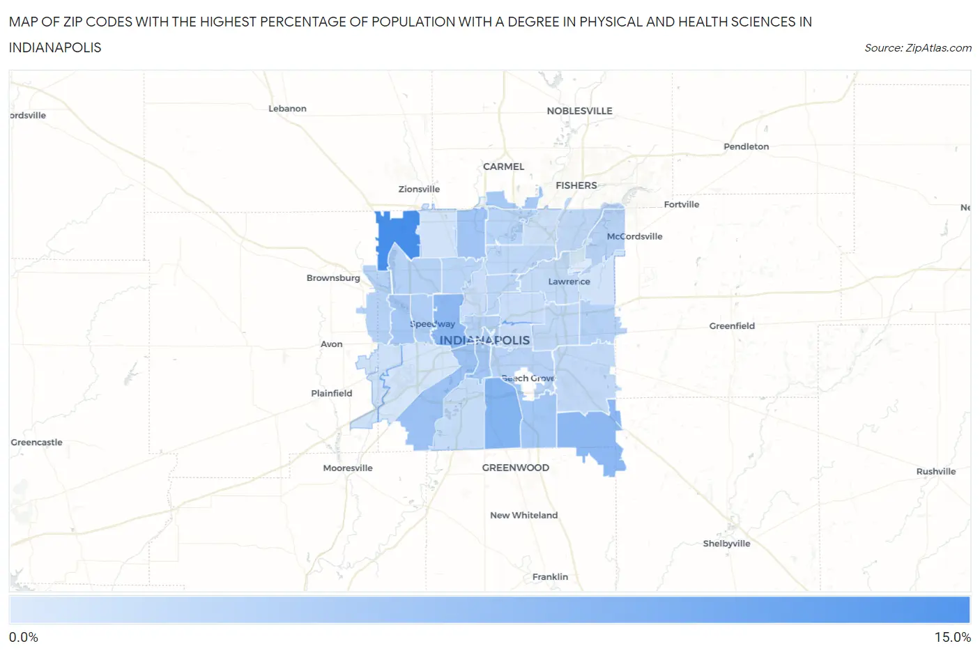 Zip Codes with the Highest Percentage of Population with a Degree in Physical and Health Sciences in Indianapolis Map