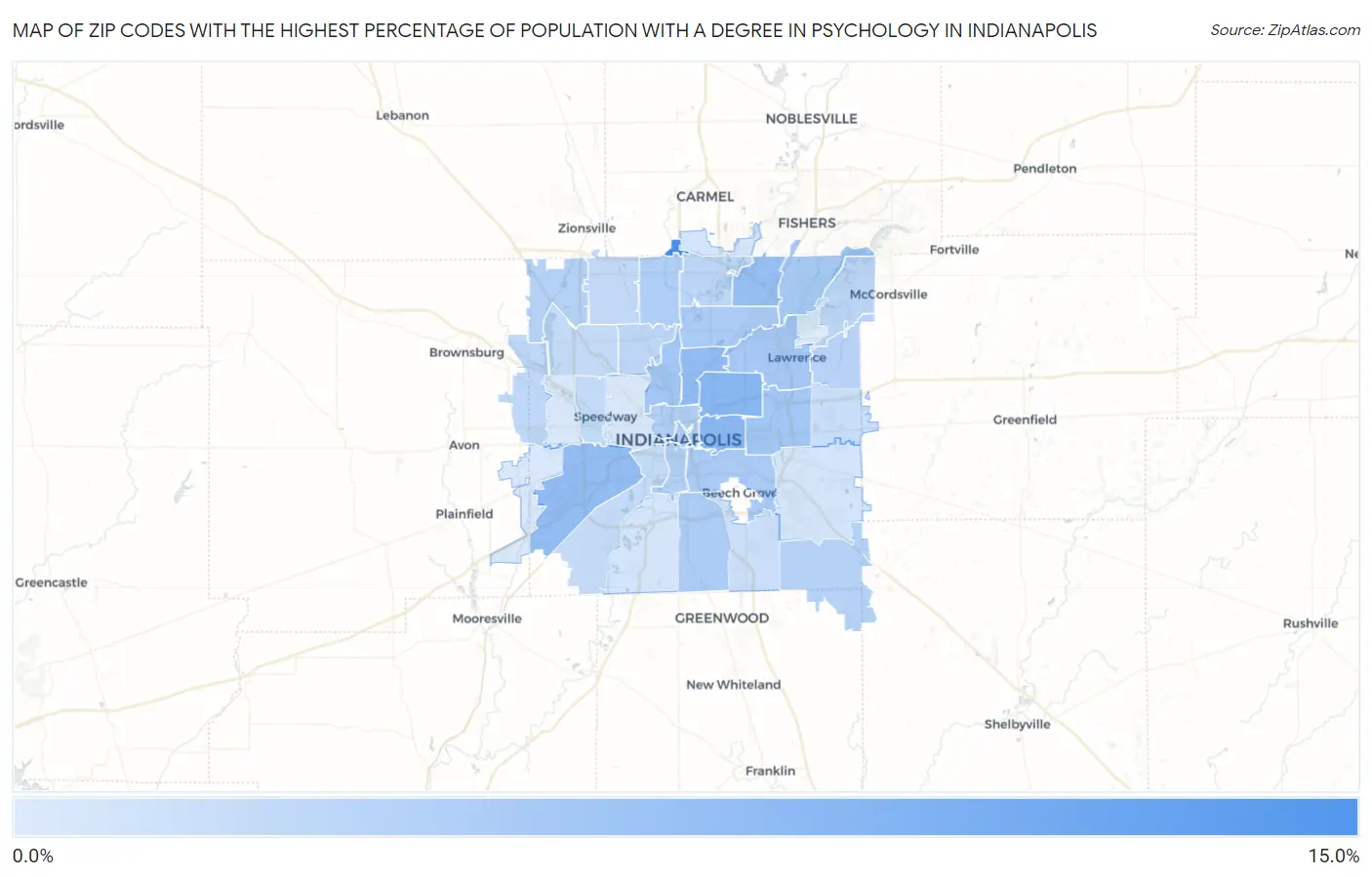 Zip Codes with the Highest Percentage of Population with a Degree in Psychology in Indianapolis Map