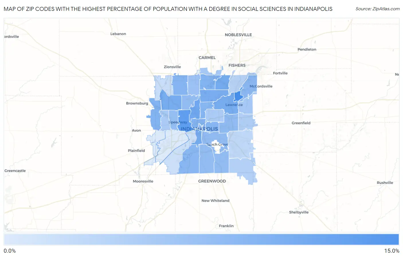 Zip Codes with the Highest Percentage of Population with a Degree in Social Sciences in Indianapolis Map