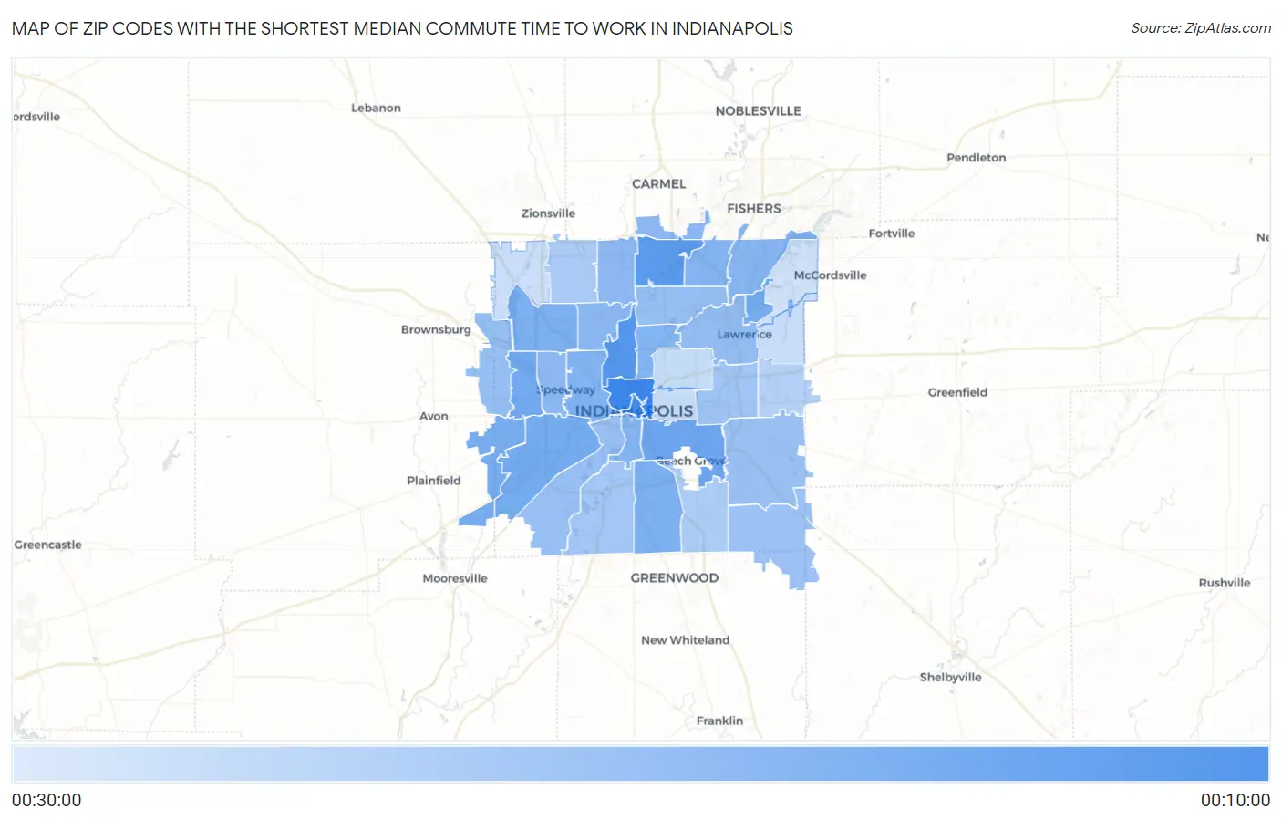 Zip Codes with the Shortest Median Commute Time to Work in Indianapolis Map