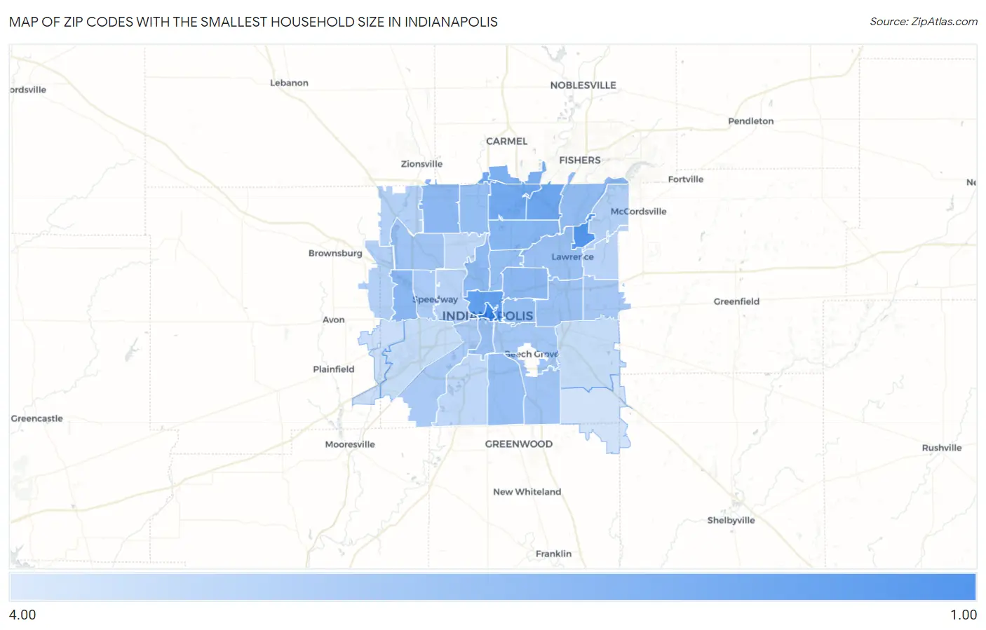 Zip Codes with the Smallest Household Size in Indianapolis Map