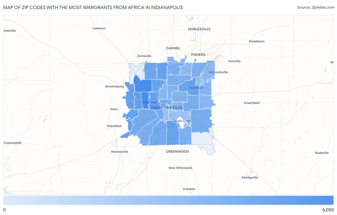 Zip Codes with the Most Immigrants from Africa in Indianapolis Map