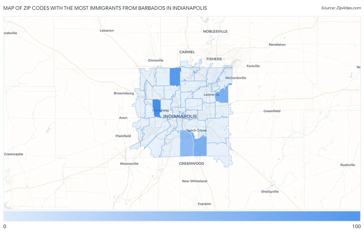 Zip Codes with the Most Immigrants from Barbados in Indianapolis Map