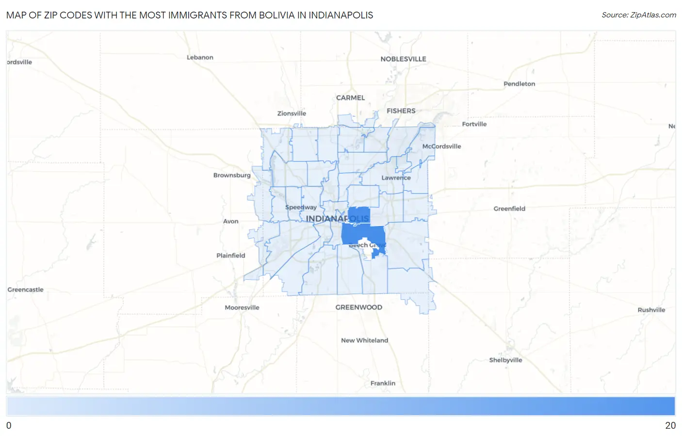 Zip Codes with the Most Immigrants from Bolivia in Indianapolis Map
