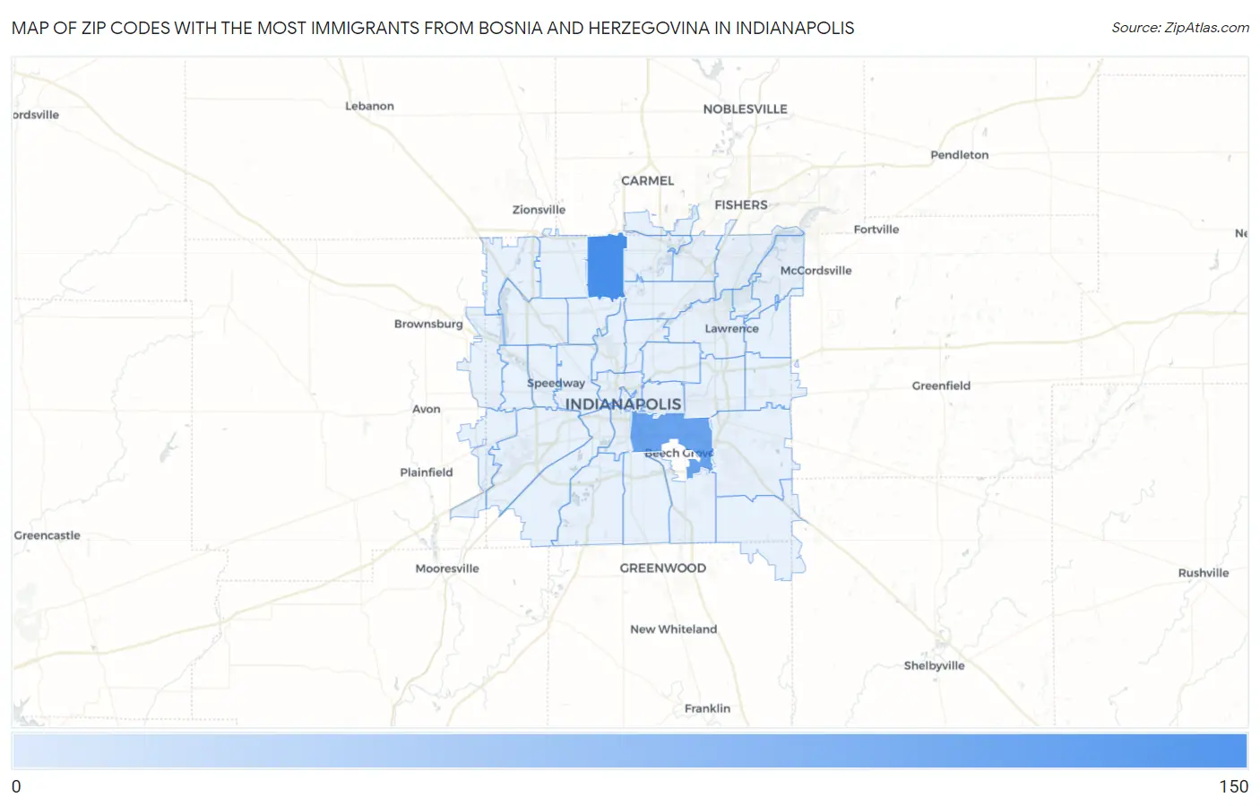 Zip Codes with the Most Immigrants from Bosnia and Herzegovina in Indianapolis Map