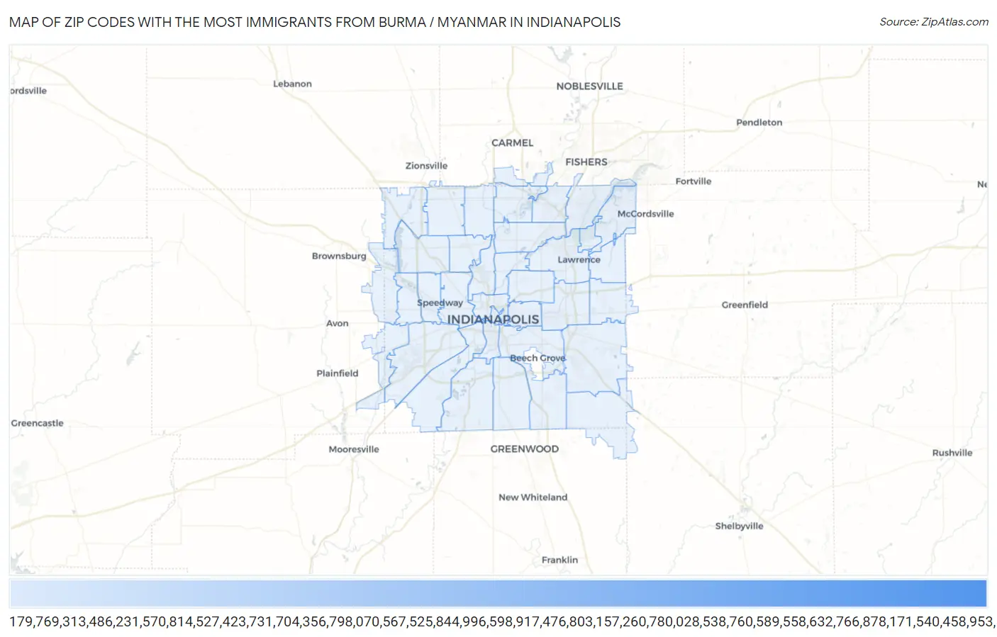 Zip Codes with the Most Immigrants from Burma / Myanmar in Indianapolis Map