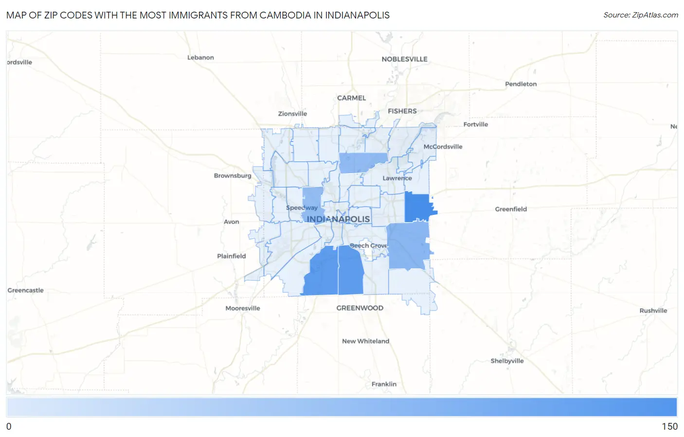 Zip Codes with the Most Immigrants from Cambodia in Indianapolis Map