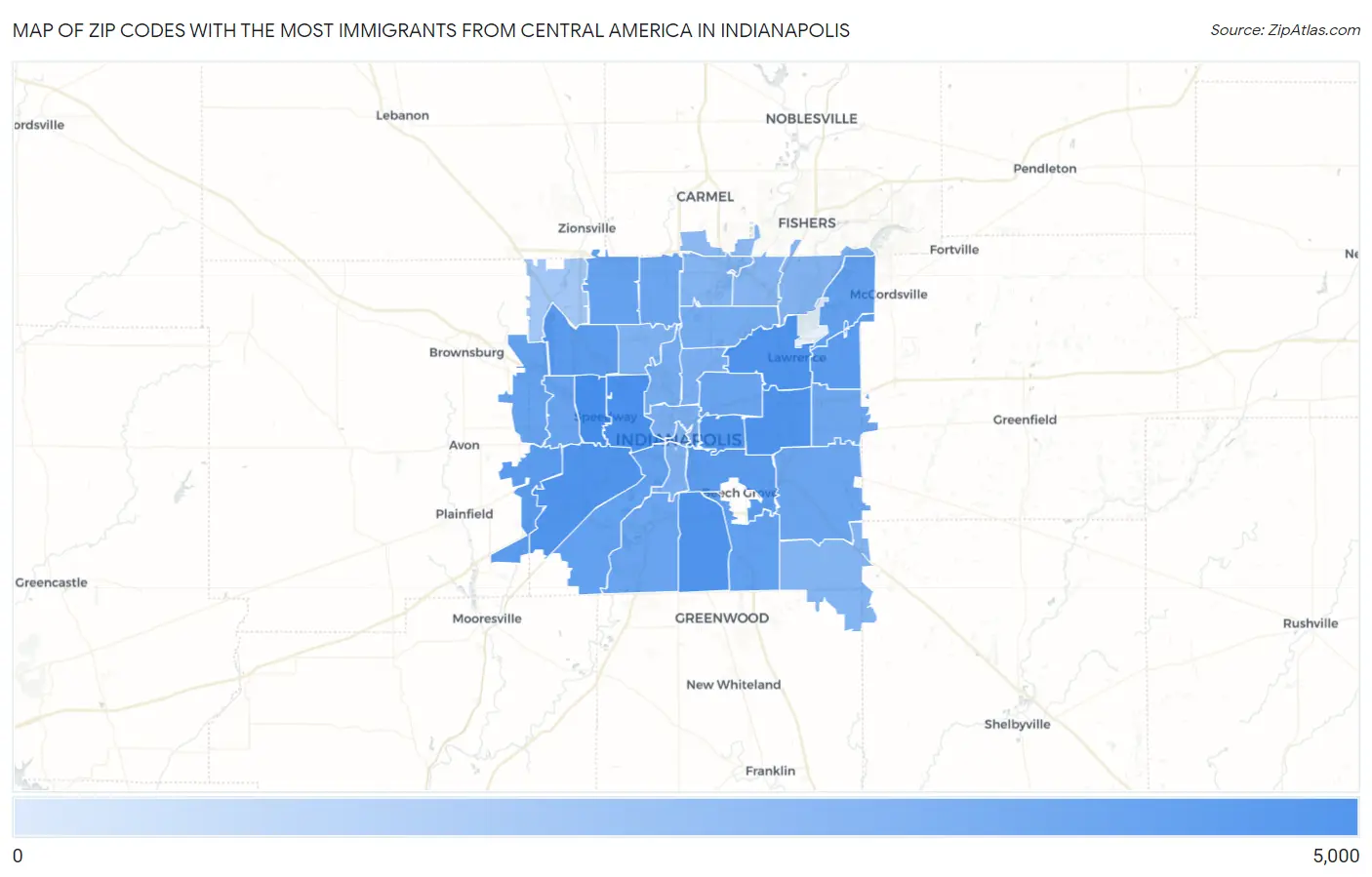 Zip Codes with the Most Immigrants from Central America in Indianapolis Map