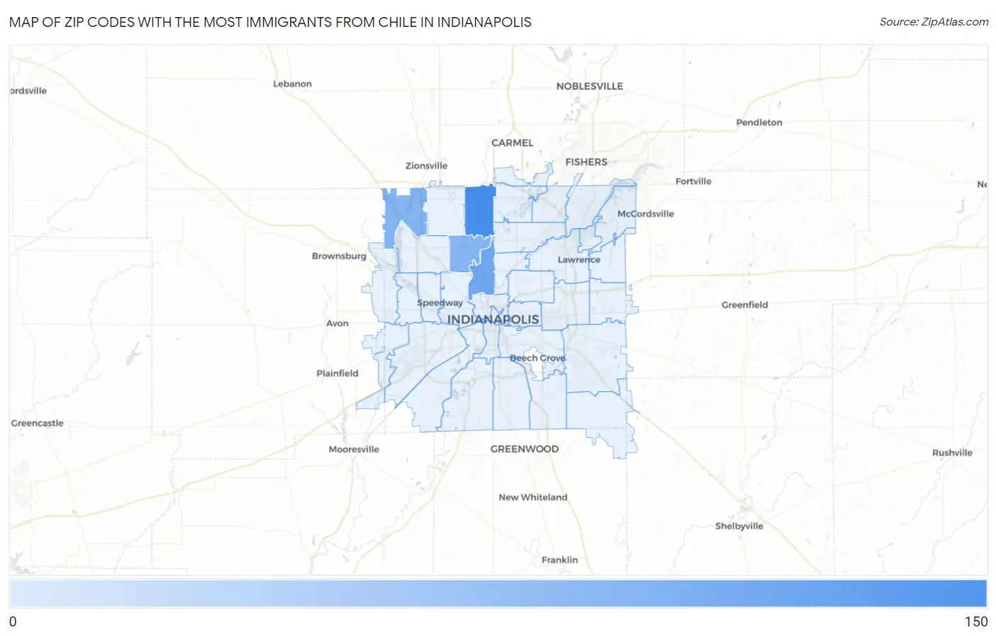 Zip Codes with the Most Immigrants from Chile in Indianapolis Map