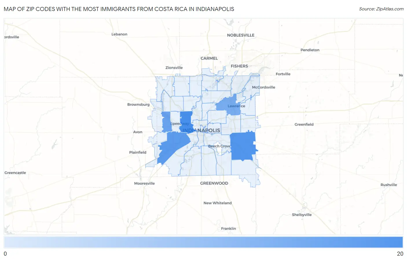Zip Codes with the Most Immigrants from Costa Rica in Indianapolis Map