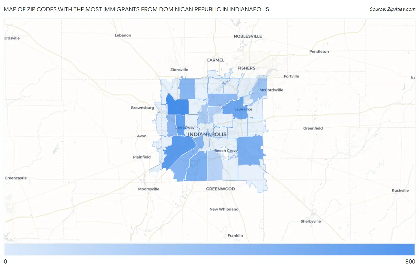 Zip Codes with the Most Immigrants from Dominican Republic in Indianapolis Map