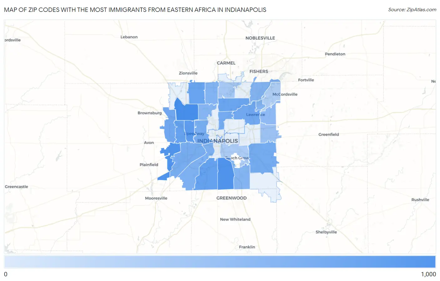 Zip Codes with the Most Immigrants from Eastern Africa in Indianapolis Map