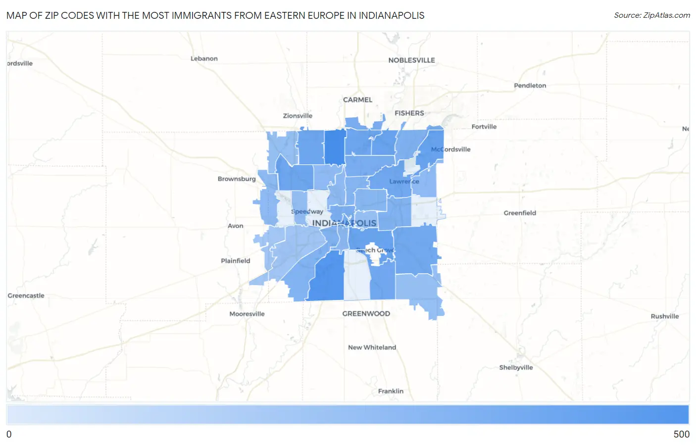 Zip Codes with the Most Immigrants from Eastern Europe in Indianapolis Map