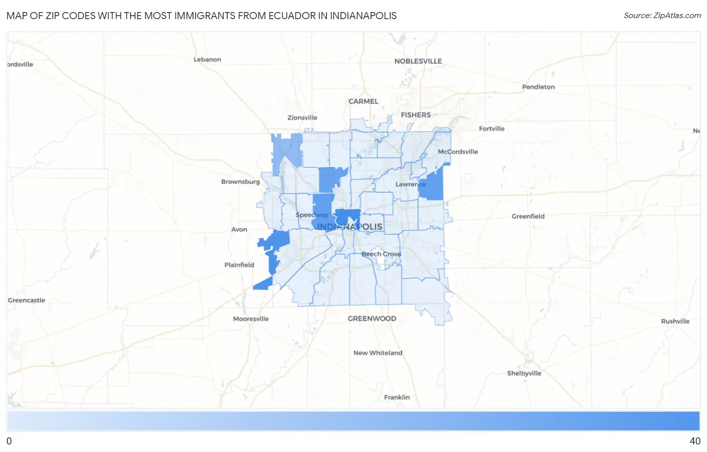 Zip Codes with the Most Immigrants from Ecuador in Indianapolis Map