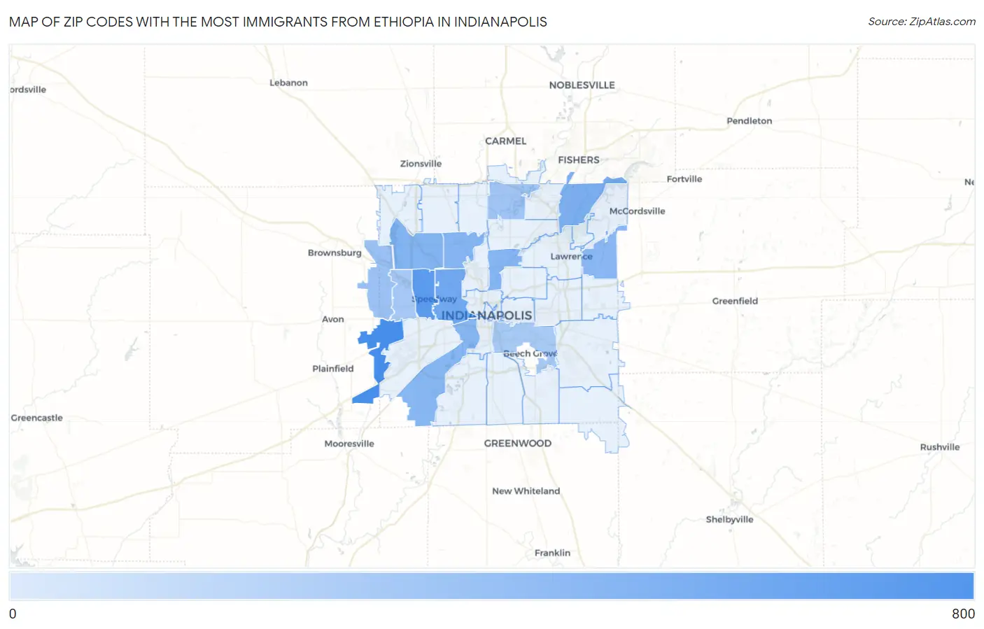 Zip Codes with the Most Immigrants from Ethiopia in Indianapolis Map