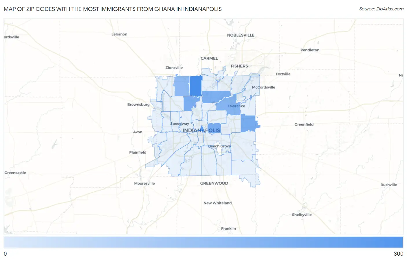Zip Codes with the Most Immigrants from Ghana in Indianapolis Map