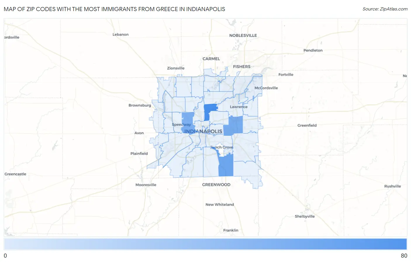 Zip Codes with the Most Immigrants from Greece in Indianapolis Map