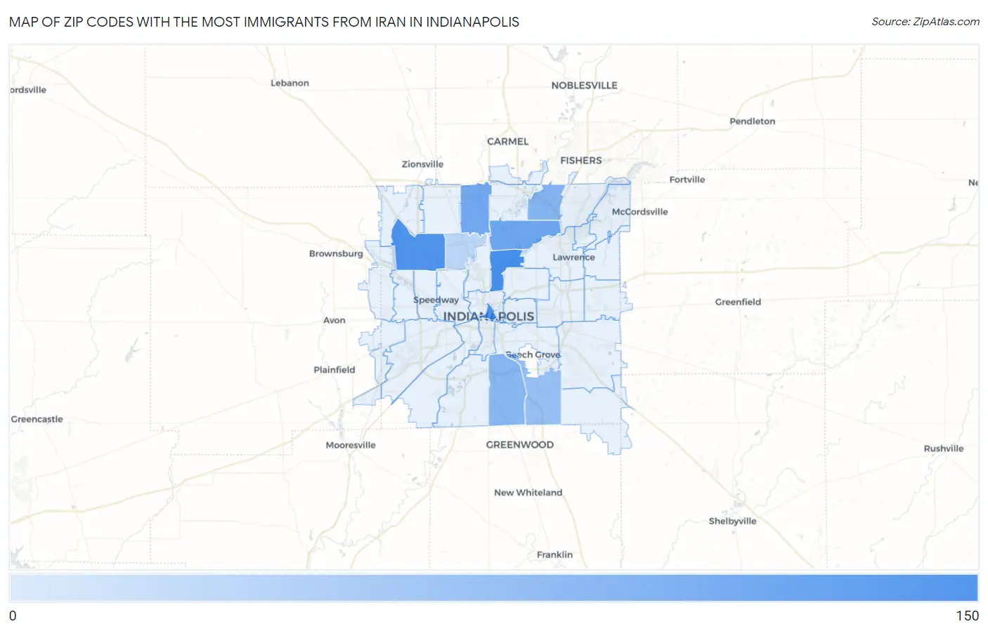 Zip Codes with the Most Immigrants from Iran in Indianapolis Map