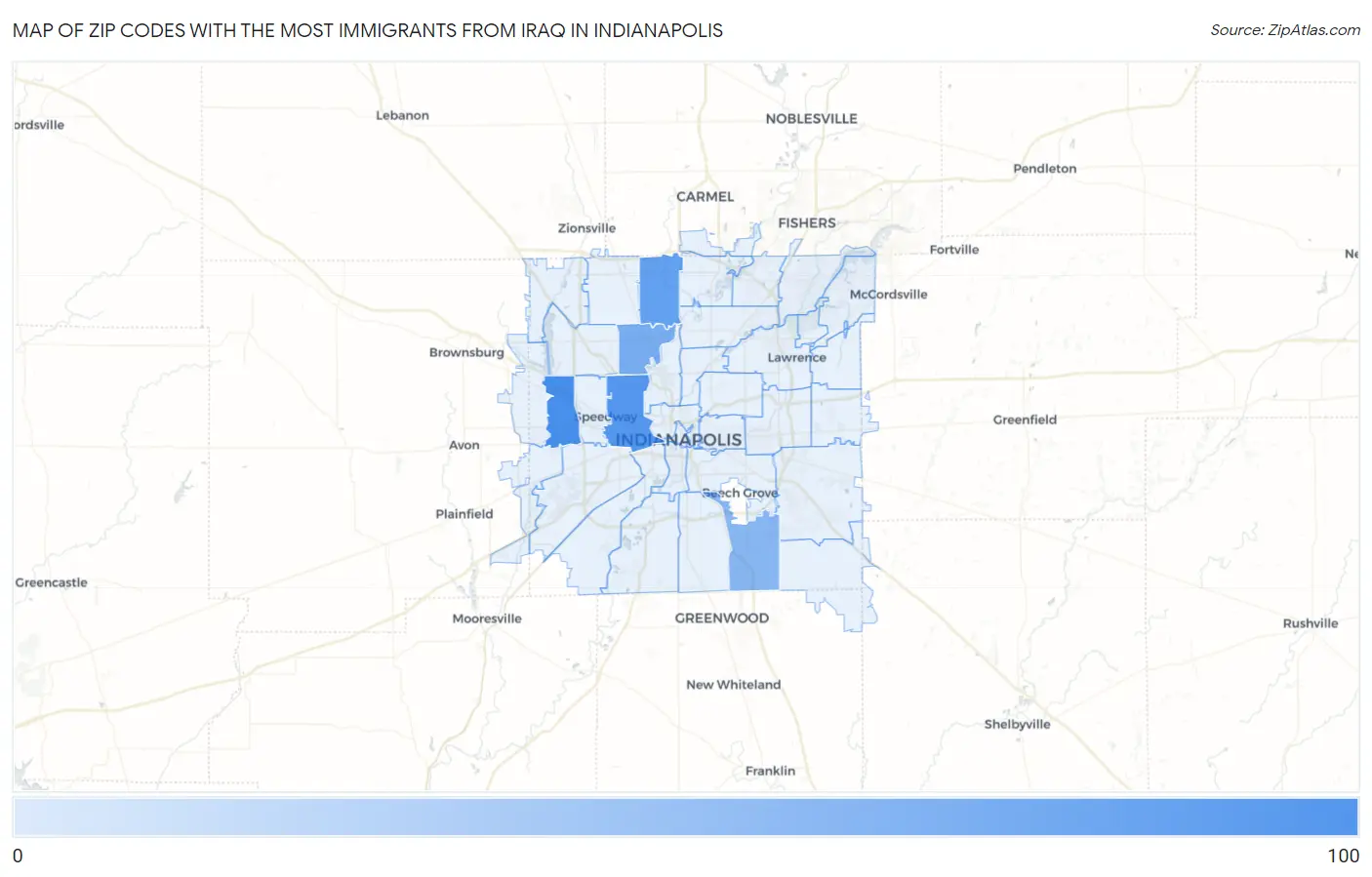 Zip Codes with the Most Immigrants from Iraq in Indianapolis Map