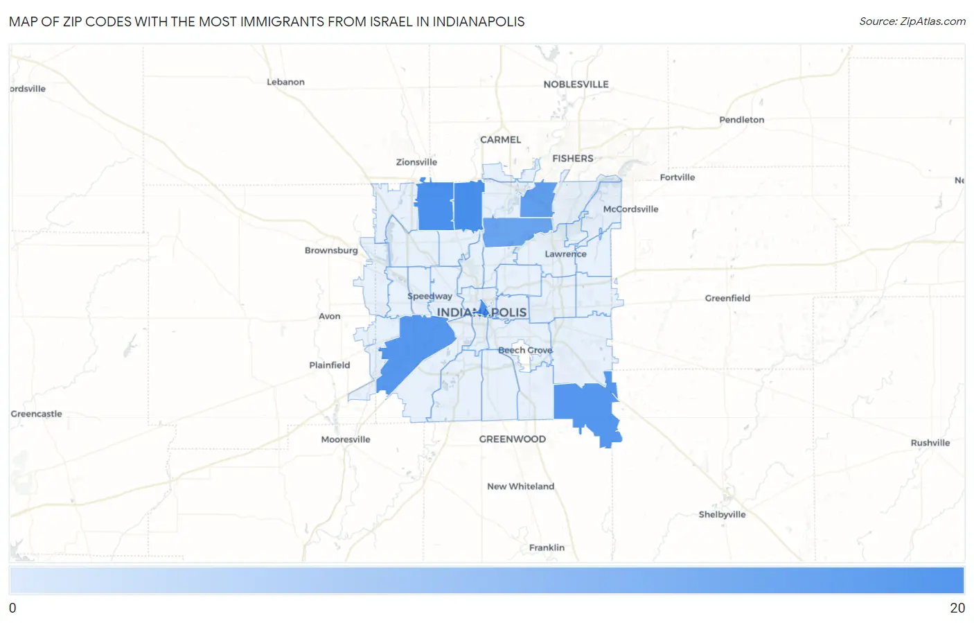 Zip Codes with the Most Immigrants from Israel in Indianapolis Map