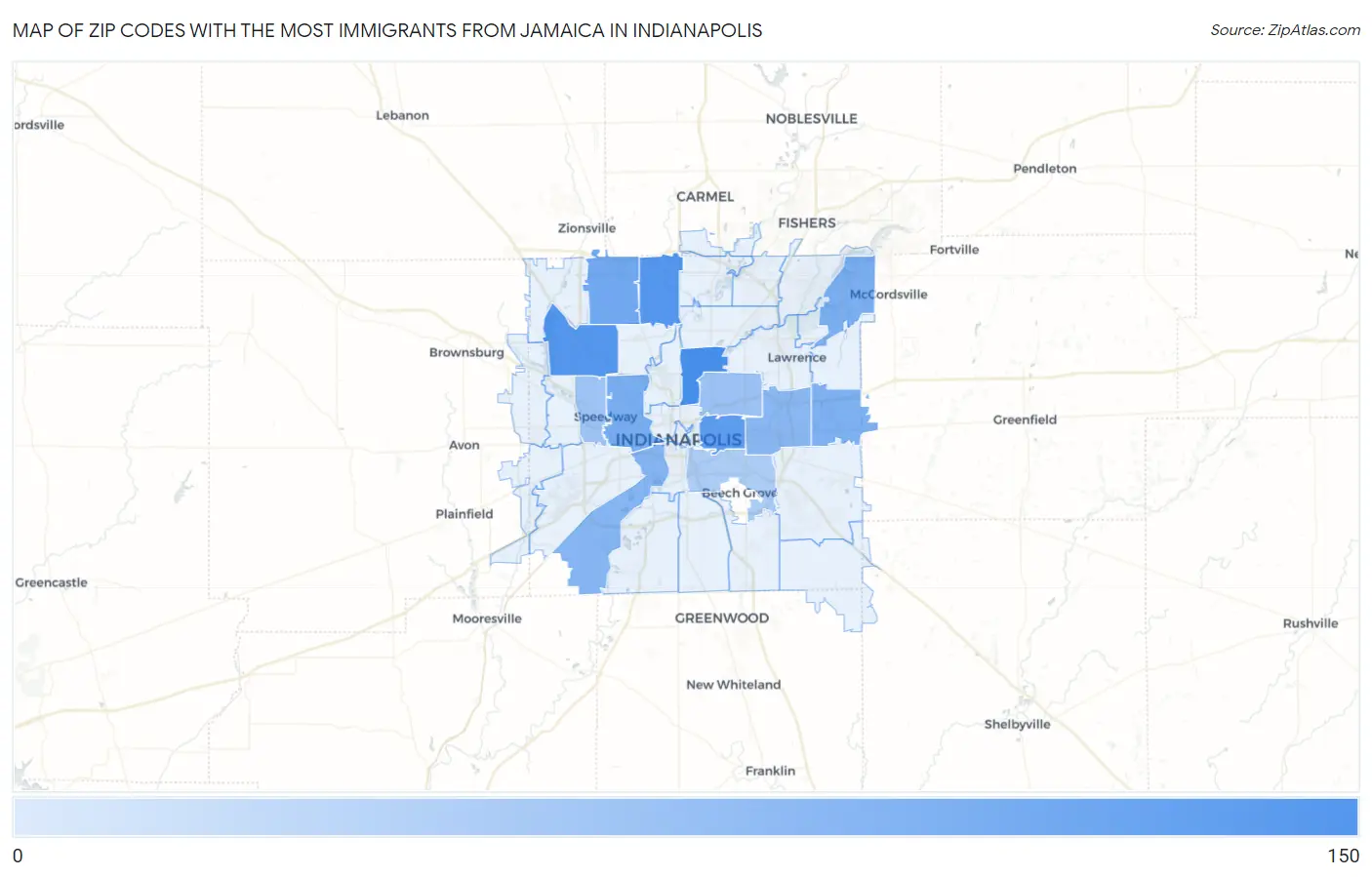 Zip Codes with the Most Immigrants from Jamaica in Indianapolis Map