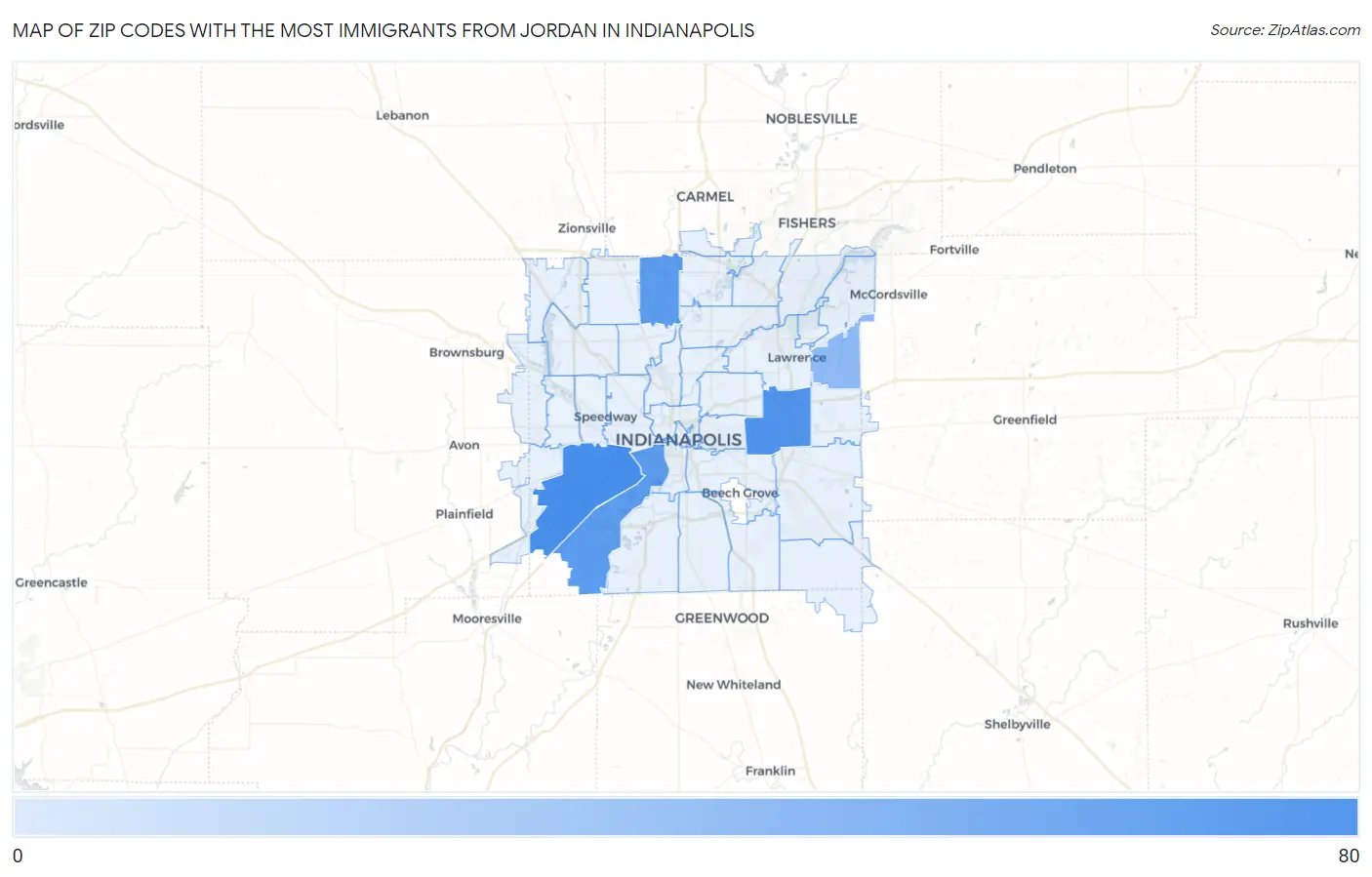 Zip Codes with the Most Immigrants from Jordan in Indianapolis Map