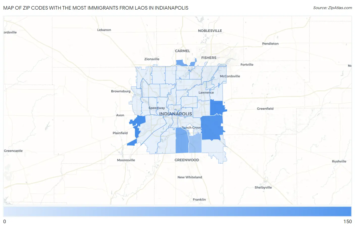 Zip Codes with the Most Immigrants from Laos in Indianapolis Map