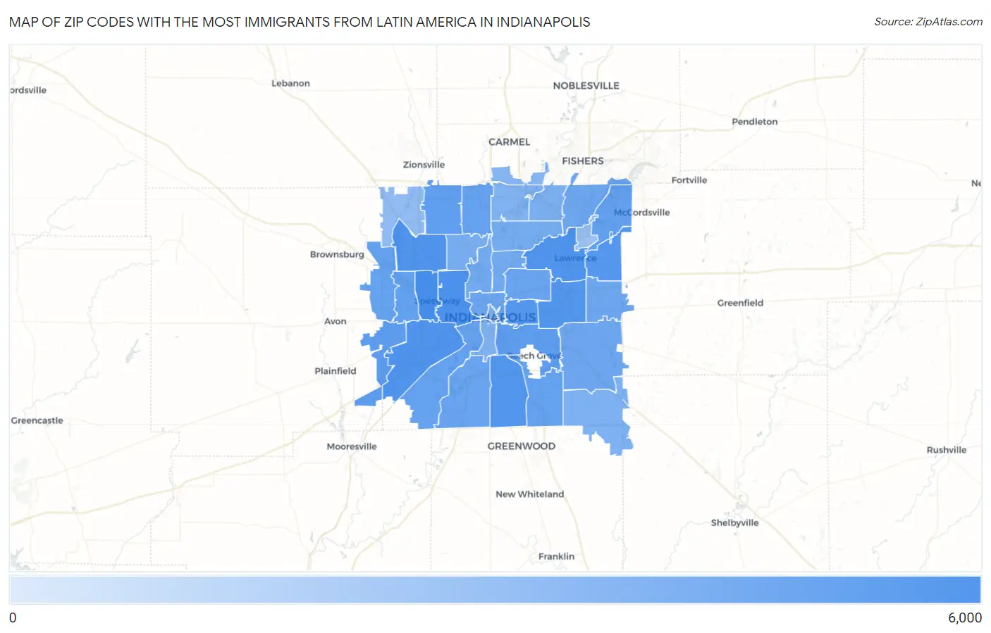 Zip Codes with the Most Immigrants from Latin America in Indianapolis Map