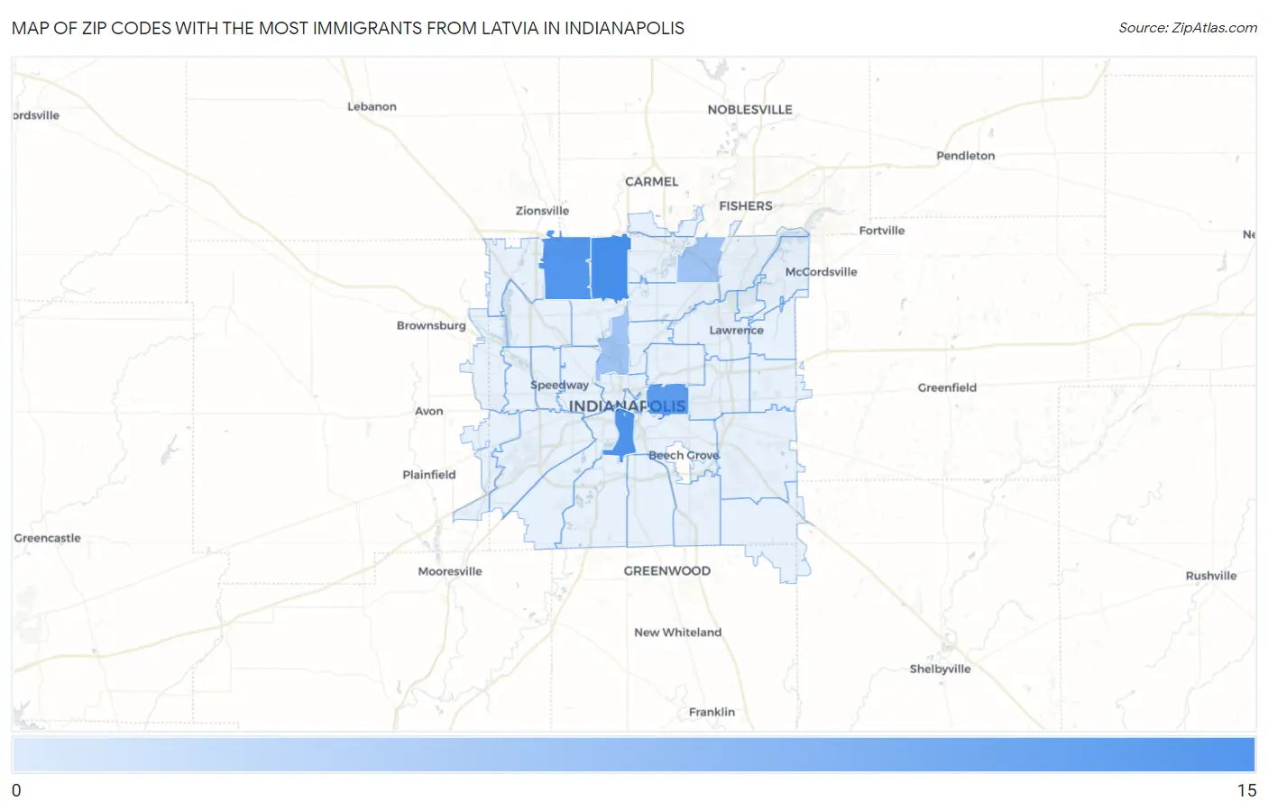 Zip Codes with the Most Immigrants from Latvia in Indianapolis Map