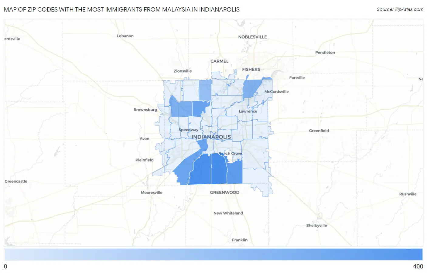 Zip Codes with the Most Immigrants from Malaysia in Indianapolis Map
