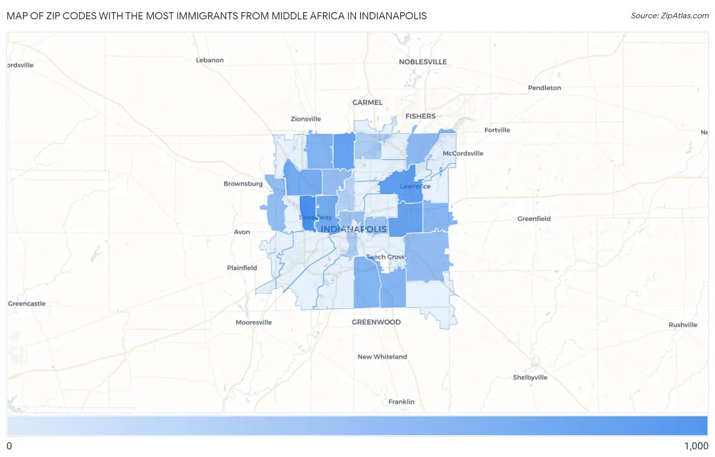 Zip Codes with the Most Immigrants from Middle Africa in Indianapolis Map