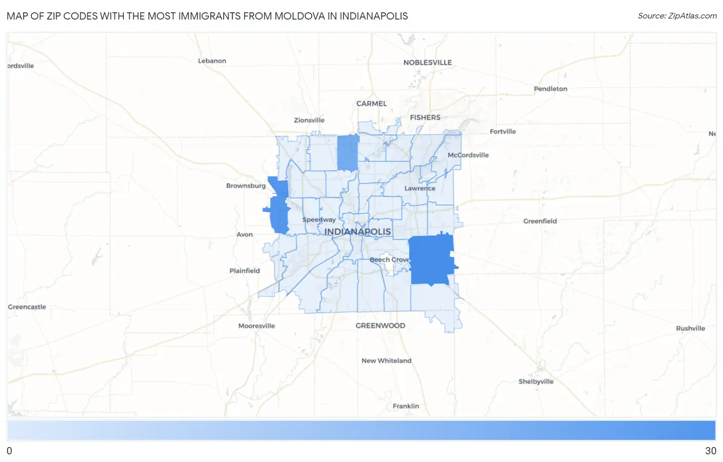 Zip Codes with the Most Immigrants from Moldova in Indianapolis Map